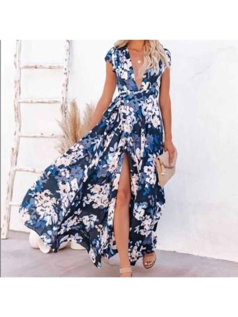 Vici Blue And White Floral wrap Maxi Dress V neck Small